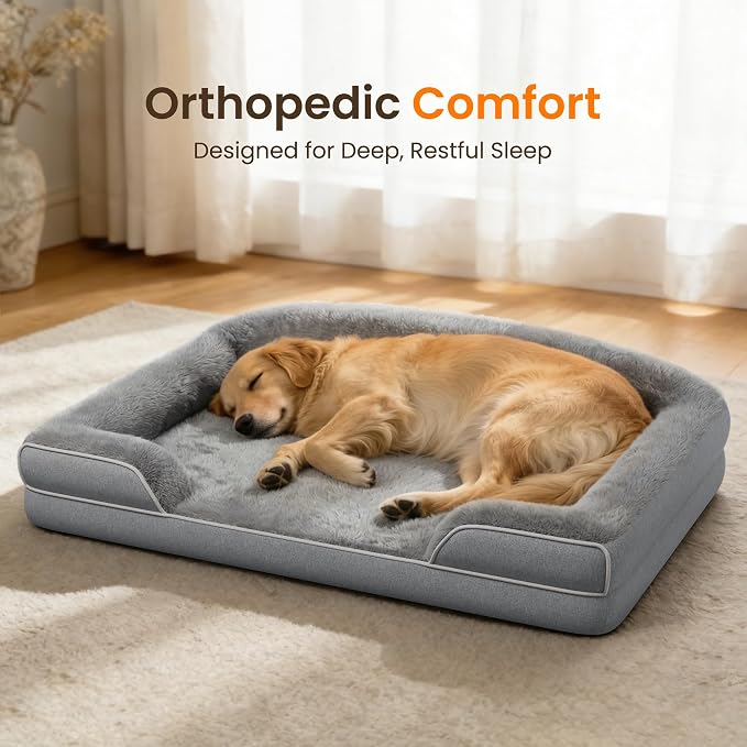 TRAHOME Orthopedic Dog Bed for Extra Large Dogs, 45 x 30 Inch Waterproof Egg Crate Foam XL Dog Couch Bed with Sides, Washable Removable Cover, Non Slip Bottom, Light Grey