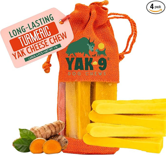Yak Cheese Dog Chews with Turmeric for Hip & Joint Support | High Protein, Non Rawhide Dog Chews Long Lasting | Non GMO, Gluten Free, Grain Free | Large Size, 4 PC Bag