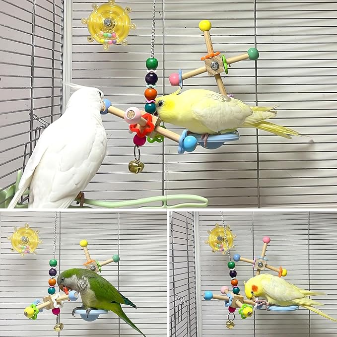 2pc Spinner Toys and 3-Sisal Perch Swing Set – Interactive Wooden Chew Toys with Bells and Balance Training for Parakeets Cockatiels Conures Lovebirds Quaker