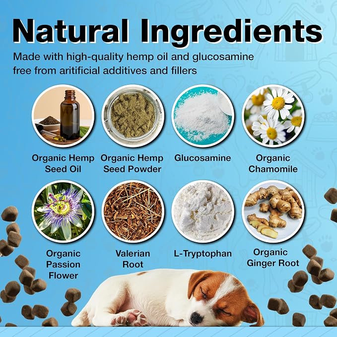 Organic Hemp Oil Infused Calming Chews for Dogs Anxiety - Dogs Essentials for Relief from Travel, Thunder, Separation, Barking, and Fireworks, Joint Pain, Arthritis, Pain Support Calm Pup
