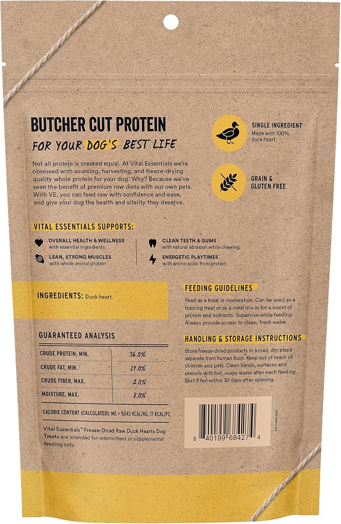 Vital Essentials Freeze Dried Raw Duck Hearts Dog Treats | Single Ingredient | Premium Quality | Grain Free Treats for Dogs, 3.5 oz Bag