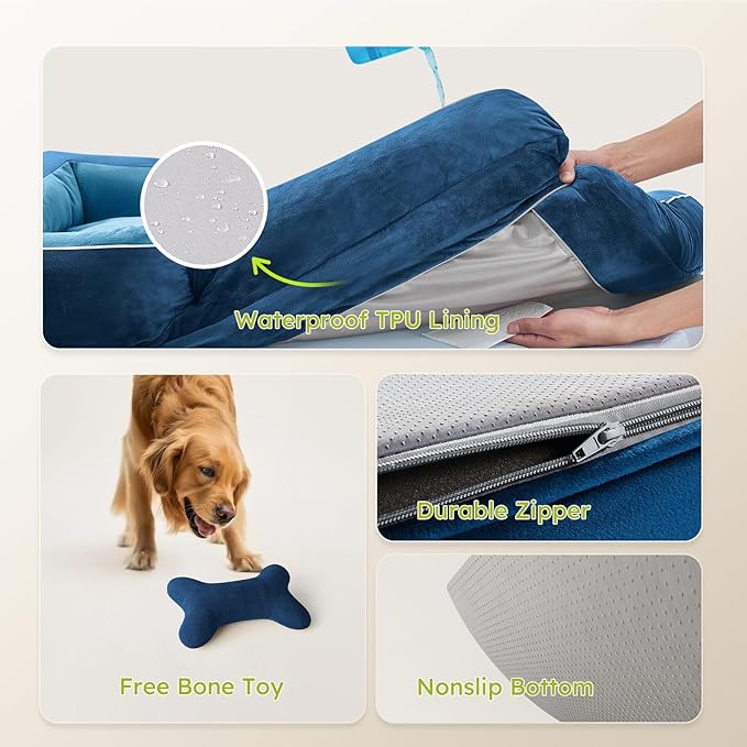 CWAWZ Jumbo Dog Bed for Extra Large Dogs, Orthopedic Dog Bed with Cooling Gel Memory Foam, Waterproof Pet Bed with Removable Washable Cover, 45" Pet Sofa Couch Dutch Velvet with Bone Toy, Navy Blue