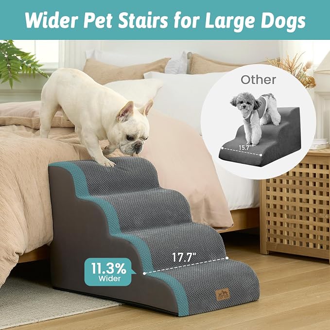 COZY KISS Wide Dog Stairs for Small Dog 19.7" H, Pet Step for Puppy, Older Cat, Curved Ramp for Bed, Durable Anti-Slip Ladder with High Density Foam, 4 Step, 17.7x28x19.7 inch, Dark Grey
