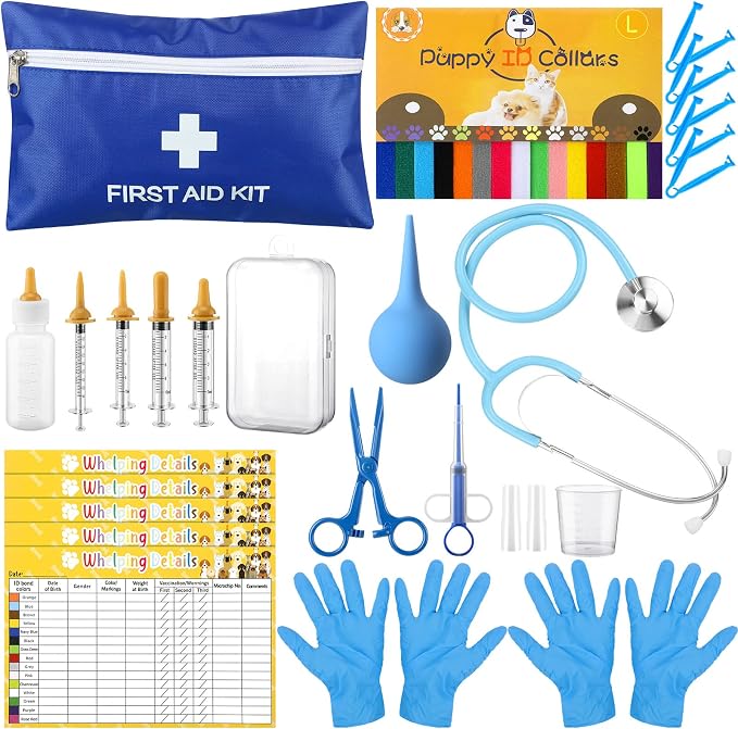 48 Pcs Puppy Kitten Whelping Kit Include 4 Puppy Feeding Tube, 6 Record Keeping Charts, 15 Whelping Collars, 15 Cord Clamps, 2 Gloves, Bulb Aspirator, Syringe, Bottle, Scissors, Stethoscope, Bag