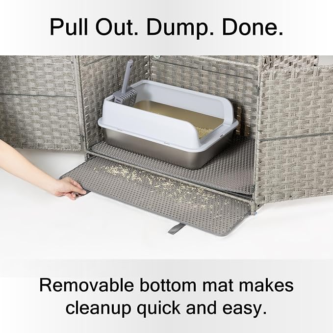 Furriends Cat Litter Box Enclosure with 2 Litter Mats, Hidden Litter Box Cabinet for Dust and Order Control, Litter Box Hider, Handwoven Rattan Cat House with Three-sided Fenced Top (Grey)