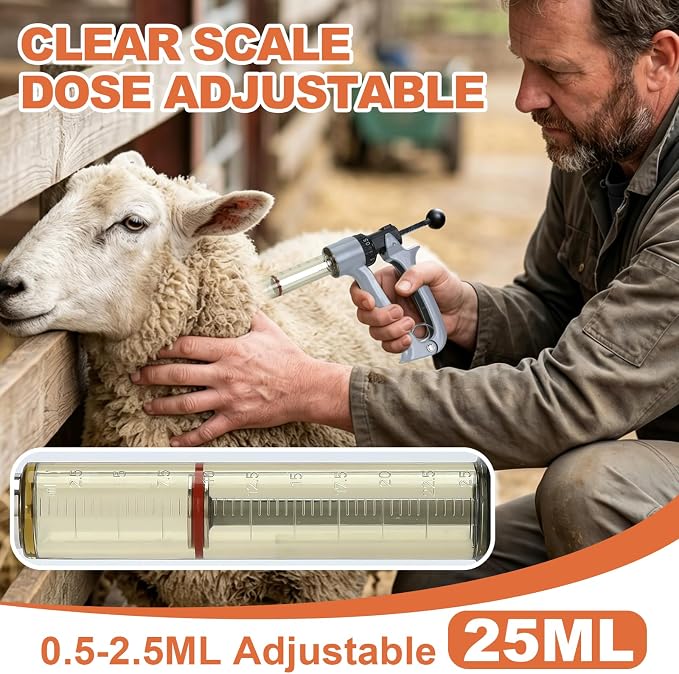 25ml Semi-Auto Repeating Livestock Syringe Gun, 5 Dose Settings | Ergonomic Grip, Clear Barrel & Luer Lock, Vet Injector for Cattle, Horses, Goats, Sheep & Pigs