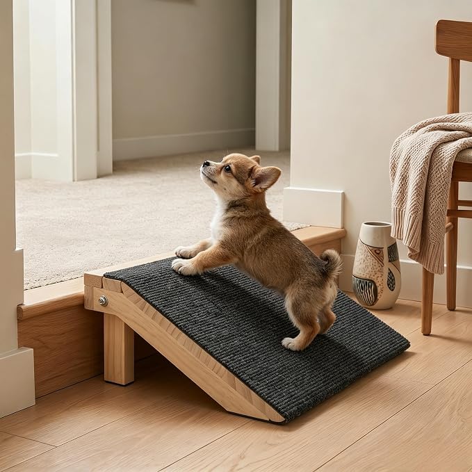 Wooden Dog Ramp for Stairs, 4.3"/5.5" Height Adjustable Pet Ramp with Non-Slip Carpet Surface, Small Dog Step Ramp for Indoor Stairs, Entryway & Porch, Supports Senior Dogs & Cats (1-Pack)