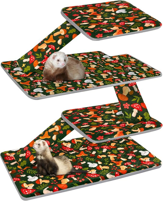 Bienbee Ferret Cage Liner Set, Waterproof Ferrets Cage Accessories for Small Animals Rats Chinchillas Hedgehogs Ferrets(Green Mushroom, Double Unit Combo)