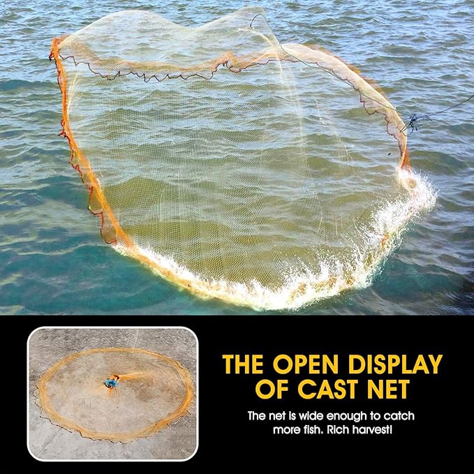 Nylon Multfilament Cast Net, 4FT/6FT/8FT/10FT/12FT American Style Hand Throwing Fishing Net with Zinc Plated Weights for Saltwater and Freshwater