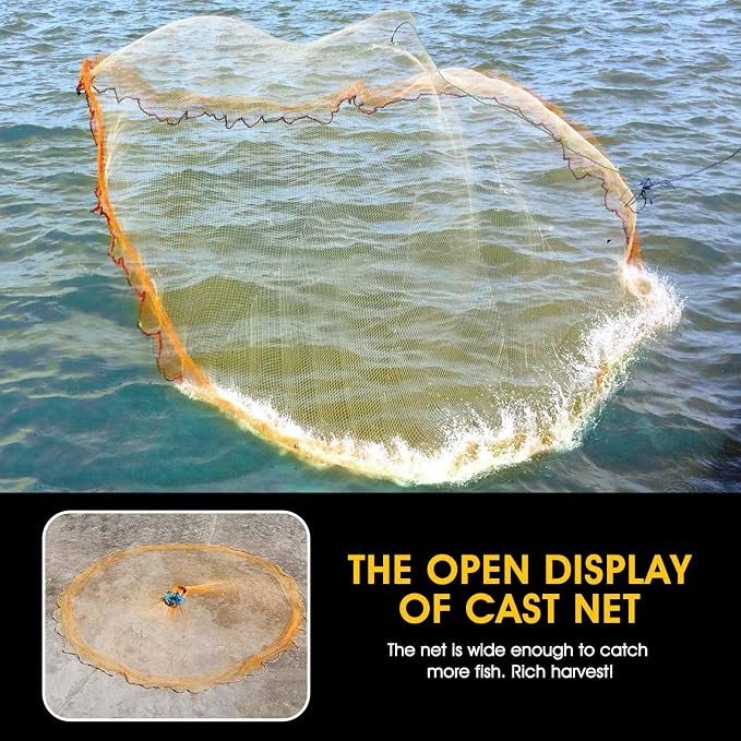 Nylon Multfilament Cast Net, 4FT/6FT/8FT/10FT/12FT American Style Hand Throwing Fishing Net with Zinc Plated Weights for Saltwater and Freshwater