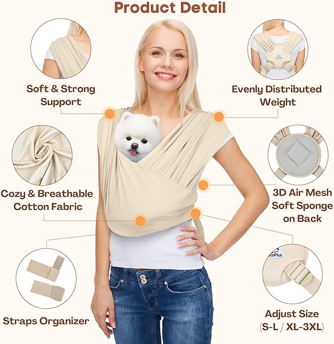 AnccoPlus Dog Carriers for Small Dogs, Front Facing Dog Sling Carrier, Hands Free Cat Carrier, Size Adjustable, Reducing Back Pain, Premium Cotton, Safe and Soft Dog Carrier (Regular, Beige)
