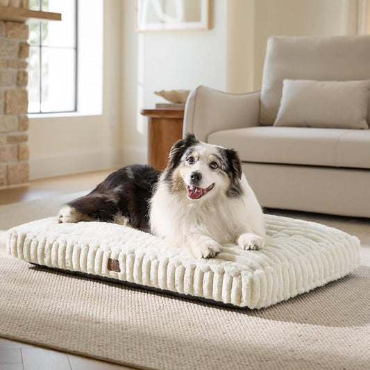 Bedsure ComfyFleece™ Plush XL Dog Bed, Extra Large Dog Bed, Crate Bed for Balanced Support, Cute Chopped Foam Pillow Pad with Removable Washable Cover, Non-Slip Waterproof Cozy Pet Mat, 41"x27", Cream