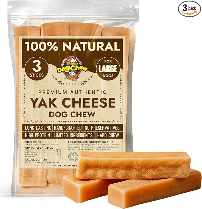 Tibetan Dog Chew Yak Cheese Sticks (3 Large Chews) - Handmade Treats for (Large Dogs), Long-Lasting, Easy to Digest, Grain-Free, Gluten-Free, Supports Dental Health, for Aggressive Chewers