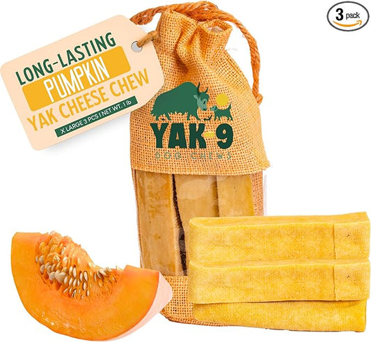 Yak9 Yak Cheese Himalayan Dog Chews, Pumpkin | High Protein, High Fiber Pumpkin Treats for Dogs | Long Lasting, Non GMO, Gluten Free, Grain Free | Extra Large Size,3 PC