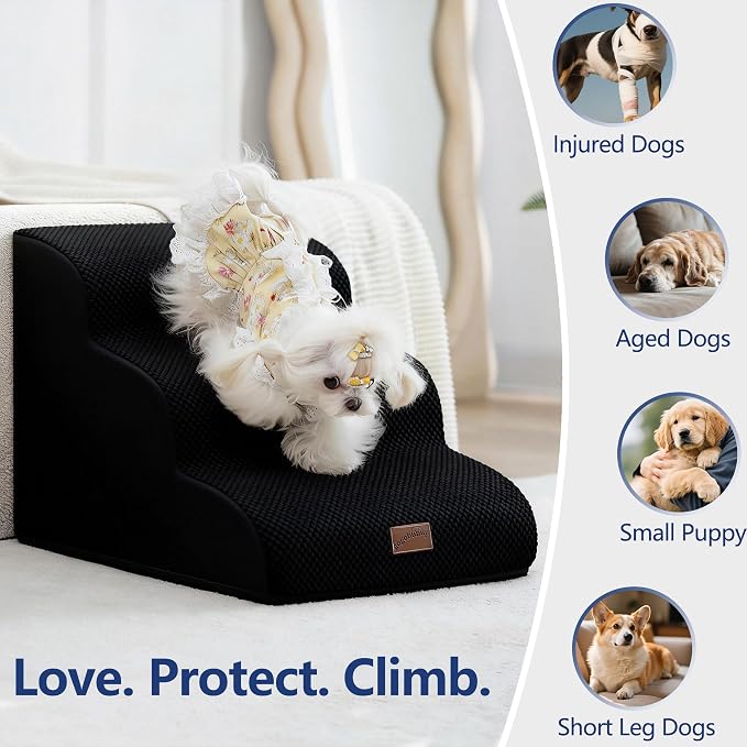 GoGoBunny Ramp Dog Stairs for High Beds 22.6" H, 5-Step Dog Slope Stairs with Durable Waterproof Fabric Cover, Pet Steps for Old Large Dogs Climbing, Non-Slip Sturdy Indoor Step, Black