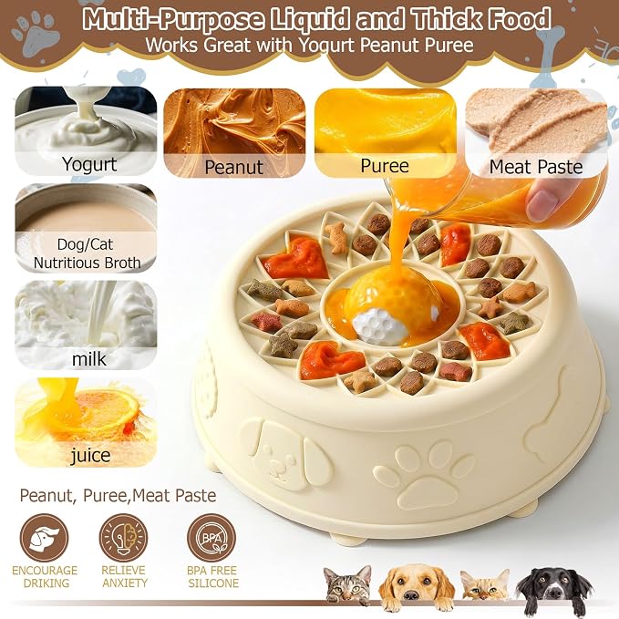 Dog Slow Feeder Lick Bowl with Rolling Ball for Liquid Treats, 2-in-1 Anti-Slip Silicone Dog Licking Bowl for Bone Broth with Suction Cup, Enrichment Lick Sphere Toy for Large Medium Dogs Cats (Beige)