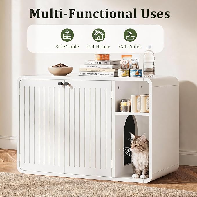 MXV 35.4" Cat Litter Box Enclosure, Hidden Wooden Cat Furniture with Slatted Doors, Mid-Century Modern Cat Washroom Storage Bench, Side End Table for Living Room, Bedroom, White