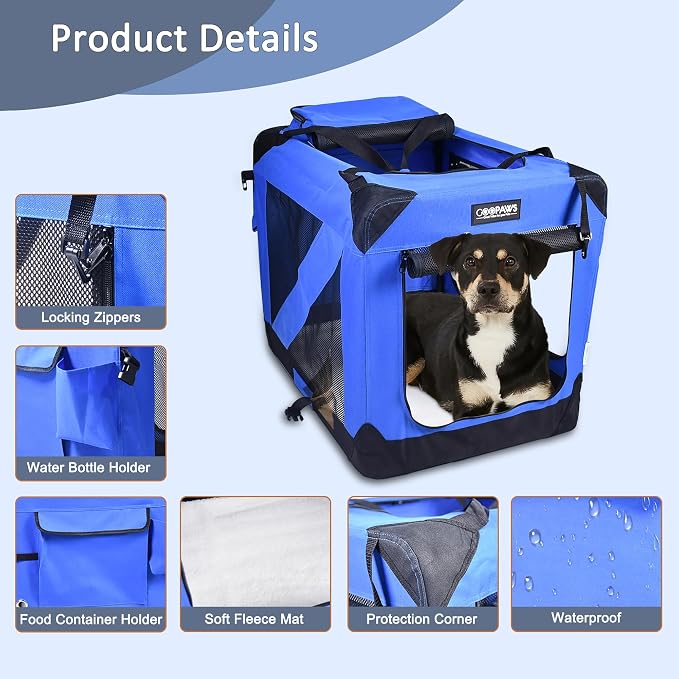 JESPET 30'' Soft Pet Crates Kennel, 3 Door Soft Sided Folding Travel Pet Carrier with Straps and Fleece Mat for Dogs, Cats, Indoor/Outdoor Use with Black