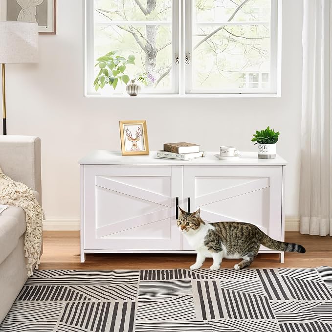 Homhedy 39.4" L Cat Litter Box Enclosure, Pet House with Barn Door, Wooden Cat Washroom Furniture, Fit Most of Litter Box, White