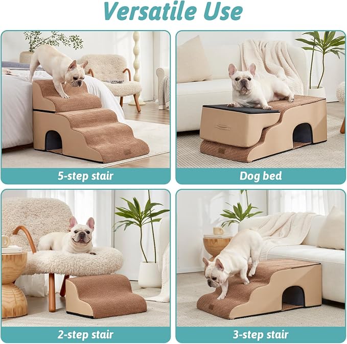 COZY KISS Extra Wide Dog Stairs with Tunnel, Detachable Large Pet Step for Small Medium Dog, Puppy or Cat, Ramp for High Bed, Couch, Sofa or Car, Stable, 19.7x33x22.4 inch, 5 Step, Light Brown