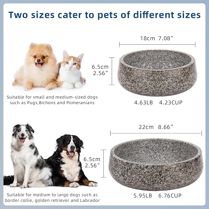 Granite Dog Bowl, Natural Stone Weighted Spill Proof Pet Food Water Container, Non-Slip Easy to Clean, Small Size for Small and Medium Dogs