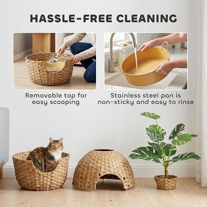 PawHut Hidden Cat Litter Box Plant Furniture Enclosure with Faux Plant & Stainless Steel Tray, Decorative Rattan Planter Cat Bed, Real Stones, for Bedroom, Living Room, Corner