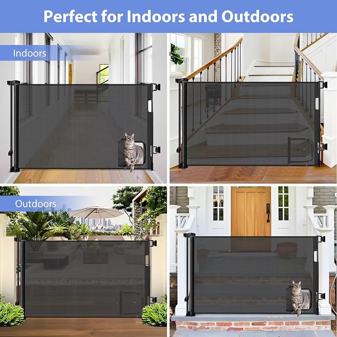 Retractable Baby Gates with Cat Door 80" Wide Retractable Dog Gate with Pet Door Outdoor Retractable Gate for Dogs Retractable Pet Gate with Door Mesh Baby Gate Retractable Mesh Dog Gate (Black)
