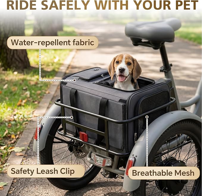 Bike Pet Bag for Tricycle, Foldable Rear Basket Bag with Mesh Ventilation & Secure Straps for E-Trike, Waterproof Polyester, Quick-Release Pannier, for Small Dogs & Cats up to 22 Lbs