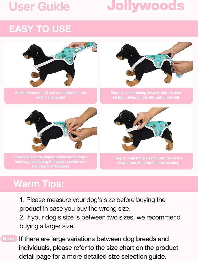 Jollywoods 3 Pack Washable Female Dog Diaper Onesie Sanitary Pantie with Adjustable Suspender, Reusable Fixed Doggie Diapers, Super Absorbent Leakproof for Small Medium Large Dog in Heat Cycle XL