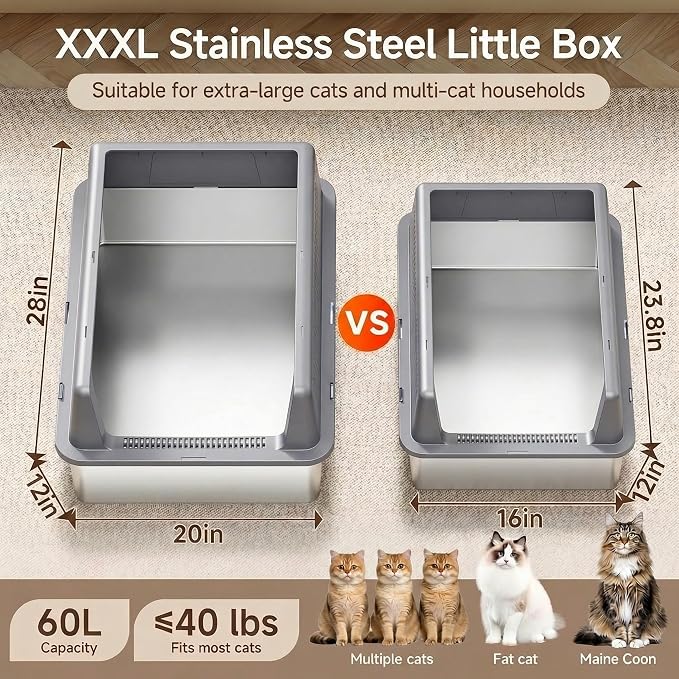 XXXL Stainless Steel Cat Litter Box with Lid (Grey-A)