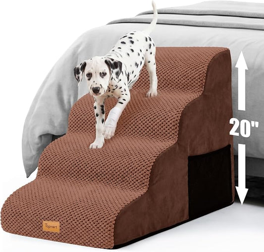 Topmart High Density Foam Dog Steps 4 Tiers,Extra Wide Deep Pet Steps,Non-Slip Dog Stairs Ramp for Bed,Soft Foam Cat Ladder,Best for Older Injured,Older Pets,Cats with Joint Pain