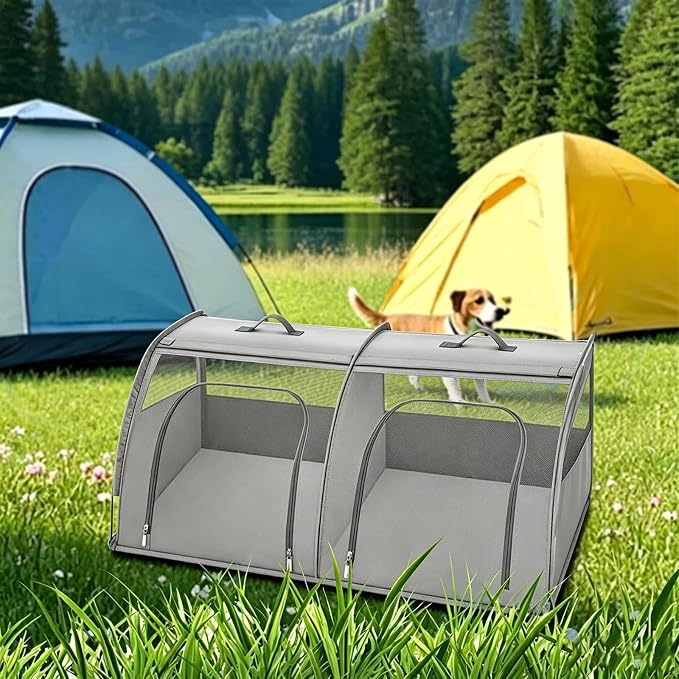 Foldable 2-Door Pet Car Kennel, 39.4" Large Portable Travel Crate with Mesh Windows, Waterproof 600D Oxford Fabric Pet Carrier Up to 55 lbs - Gray