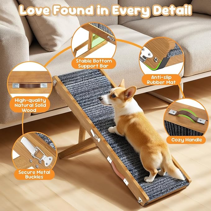Pawaboo Foldable Dog Ramp, Small Dog Ramp for Couch, 4 Adjustable Height from 13'' to 21", Stable Pet Steps with Non-Slip Pad, Portable Pet Ramps Use for Couch Sofa Stairs, Walnut