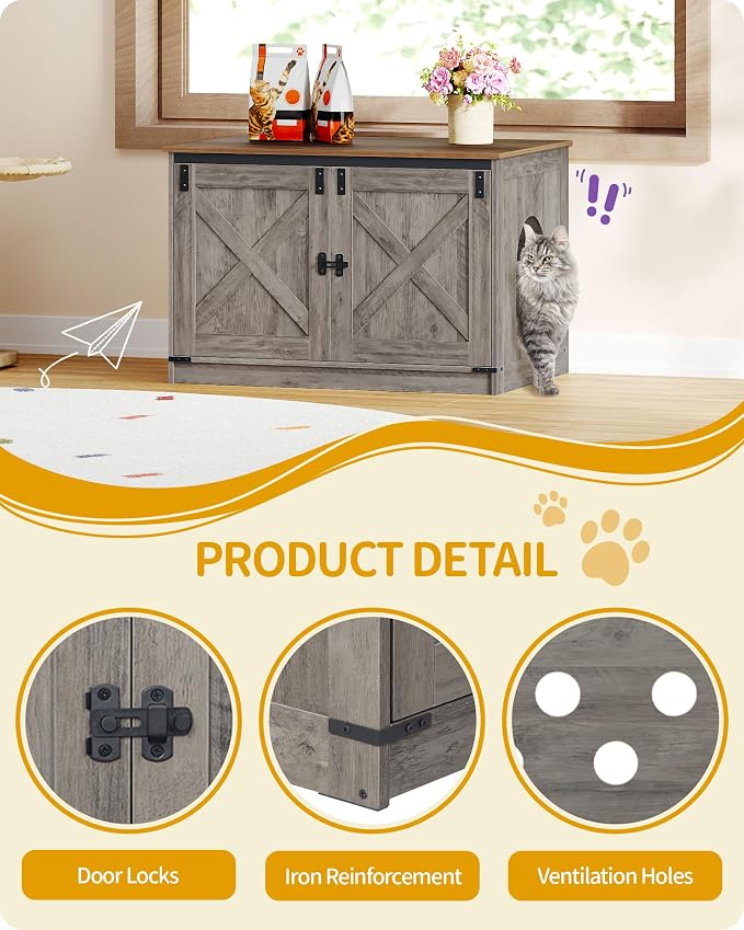 Hzuaneri Cat Litter Box Enclosure with Cushion, Hidden Litter Box Furniture with Removable Dividers, Reversible Entrance Left or Right Side, Cat House, Greige CB84605X
