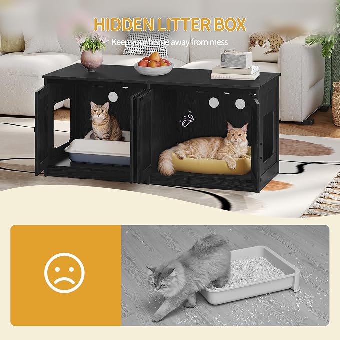 Hzuaneri Cat Litter Box Enclosure for 2 Cats, Hidden Litter Box Furniture Cabinet with Double Room, Indoor Cat House, Farmhouse Style, 46.7 x 18.9 x 21.1 Inches, Black CB85304X