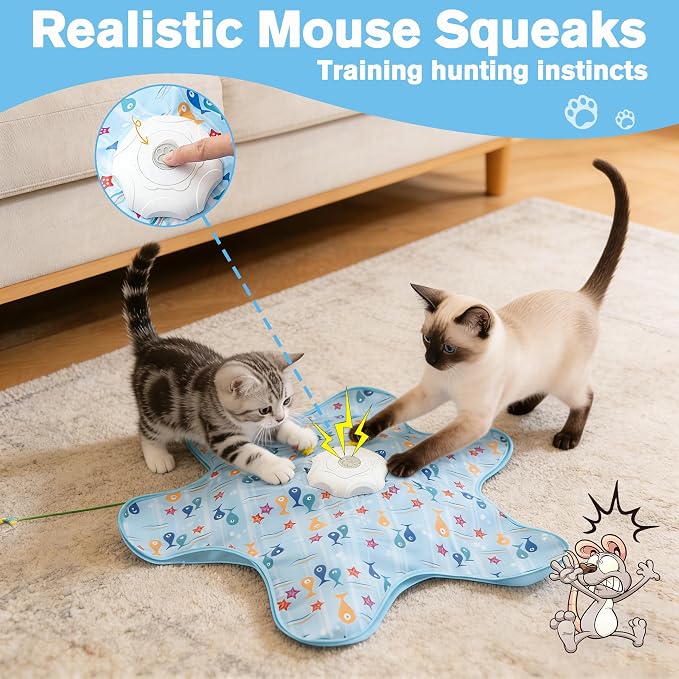 Interactive Cat Toy, Automatic Activated Hide and Seek Toys for Indoor Cats, with Moving Feathers, Switchable Mouse Sounds, Rechargeable