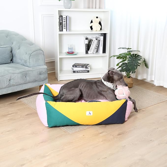 Cotton Canvas Dog Bed, Dog Beds Large Sized Dog, Orthopedic Bed with Washable Removable Cover Durable 290 GSM Cotton Anti-chewing Pet Bed with Anti-Slip Bottom (38"x30"x12", Pink&Yellow&Green)