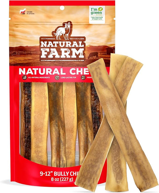 Natural Farm Bully Chips (9-12 Inch, 8 Oz.), Digestible Beef Cheek from Grass-Fed Cows, Non-GMO, Grain-Free, Natural Long-Lasting Dog Chews for Small, Medium & Large Dogs, Great Rawhide Alternative