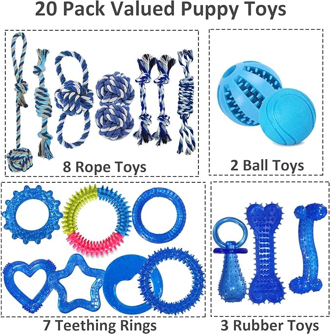 Puppy Chew Toys 20 Pack for Teething and Fun, Dog Toys for Small Puppies Bulk with Various Rubber Rings, Ropes and Balls for Interactive Play, Teeth Cleaning & Relief