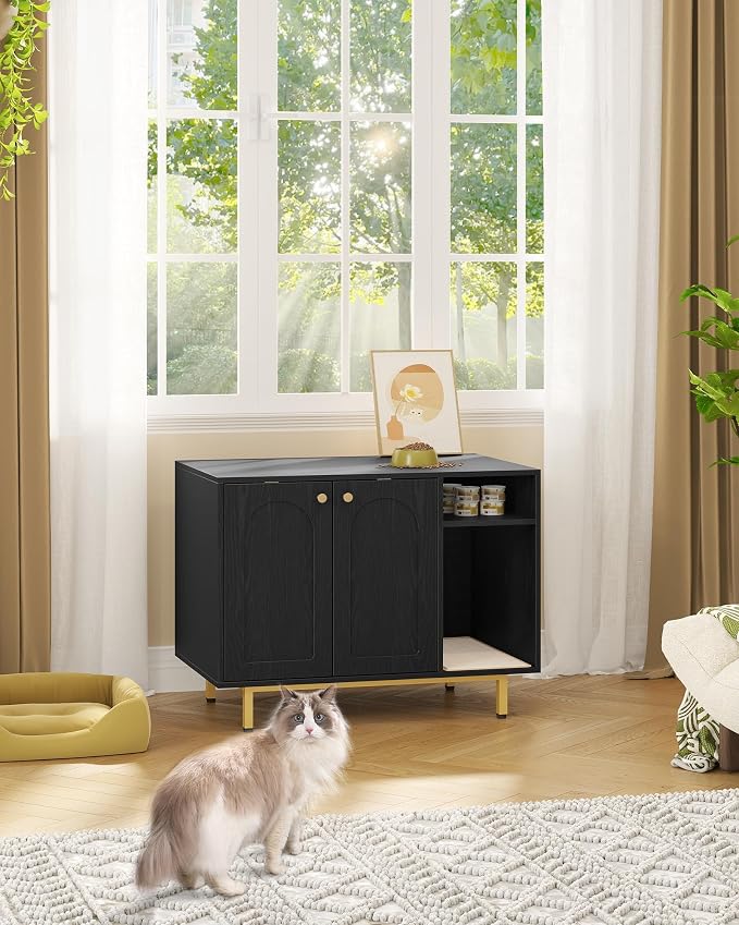 Hzuaneri Cat Litter Box Enclosure,Hidden Litter Box Furniture with Storage, Large Wooden Cabinet with Sisal Mat, Modern Cat Washroom for Living Room, Bedroom, Entryway, Black and Gold CB01504G