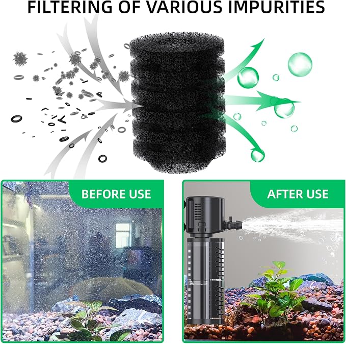 FREESEA Aquarium Fish Tank Filter: 5W 132GPH Internal Filter Pump 2-Stage Filtration for 10-35 Gallon Saltwater Betta Turtle Tanks