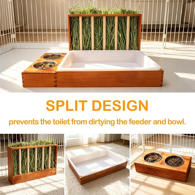 BESNEW 3-in-1 Rabbit Hay Feeder with Litter Box,Upgraded Rot Resistant Rreatment Wooden Hay Feeder with 2 Bowls & Litter Box for Guinea Pigs,Chinchillas,Rabbits & Other Small Animals,Waste Prevention