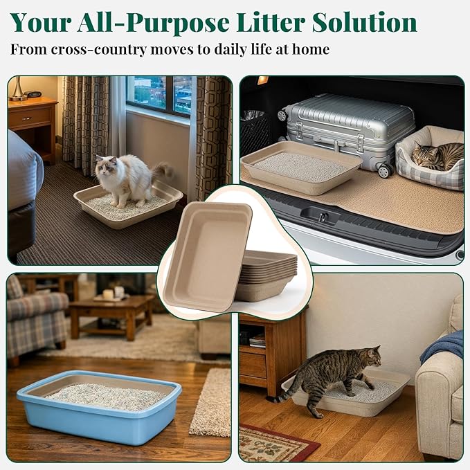 10 Count - Disposable Litter Box for Kitty Cats, Thick & Leak-Proof, Eco-Friendly Travel & Home Litter Pan, No-Scrub for Cats