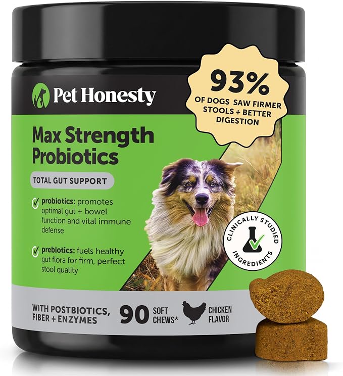 Max Strength Probiotics for Dogs Digestive Enzymes - Advanced Gut Health Supplement for Occasional Diarrhea, Gas + Sensitive Stomach - Prebiotics Postbiotics Fiber for Firm Stools (Chicken, 90 Ct)