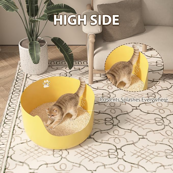 High Sides Low Entry Large Litter Pan (21.6x21.6x13.1 Inches), All-in-One Easy to Clean Plastic Litter Box for Kittens, Elderly & Large Cats, Doubles as Stylish Cat Bed, Yellow