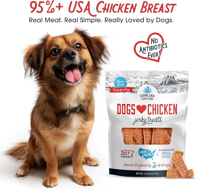 Farmland Traditions Dogs Love Chicken Jerky Dog Treats, Premium Two-Ingredient Dog Jerky with USA-Raised, Human-Grade Chicken & No Antibiotics Ever, 1 Pound (Pack of 1) Bag