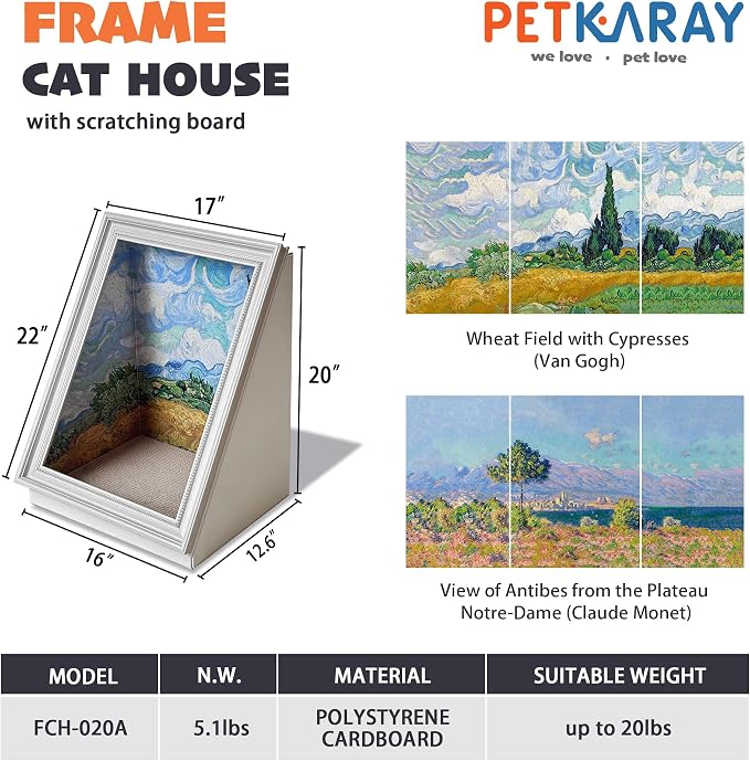 PETKARAY Art Frame Cat Scratch House, Oil Painting Kitty Scratcher Cardboard House, Large Cat Cave with Replaceable Scratching Boards