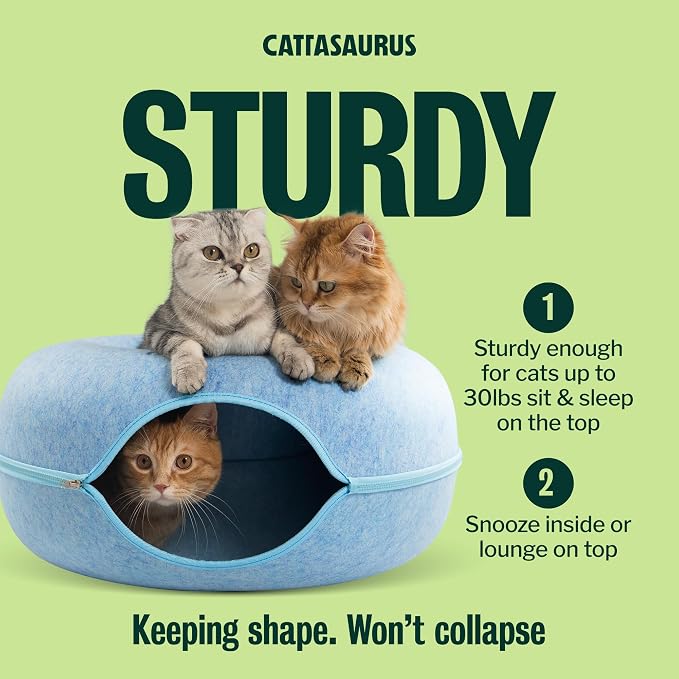 Cattasaurus Peekaboo Cat Cave Donut for Multiple & Large Cats up to 30-45 lbs, 3-in-1 Self Warming Cat Bed, Tunnel & Scratcher for Indoor Cats, Washable & Detachable Small Dog Bed (Blue, Large)