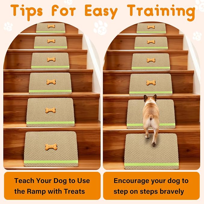 JoyBlooms Dog Ramp for Stairs for Small & Senior Dogs Cats, 40D Density Foam Gentle Slope Non-Slip Dog Stair Ramp with Glow Strip, Pet Ramp with Removable Washable Cover Brown-3pcs
