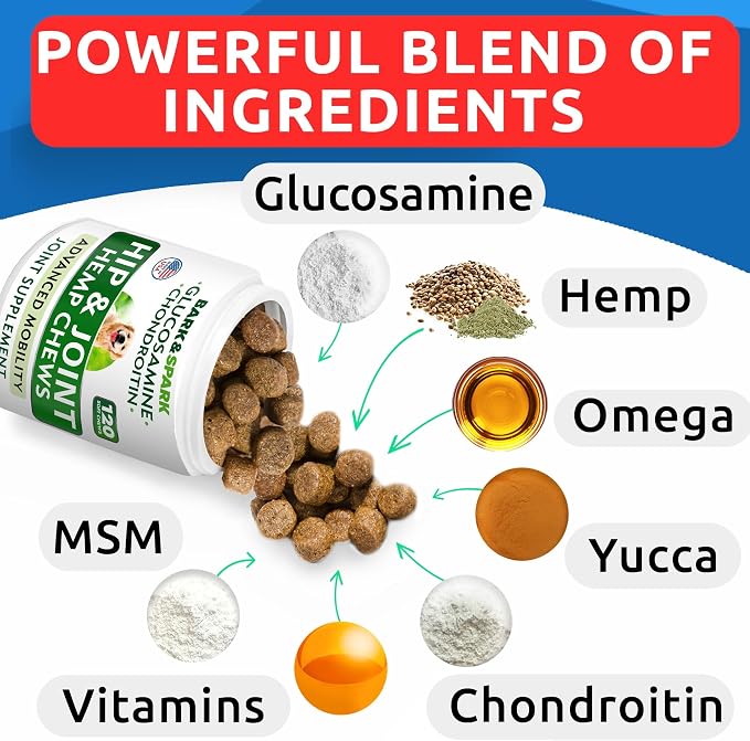 Hip & Joint Support for Dogs - Hemp Chews for Dog Joint Pain Relief with Glucosamine & Chondroitin - Joint Supplement for Large & Small Breeds - Senior Dog Mobility Treats - 120ct, Lamb Flavor